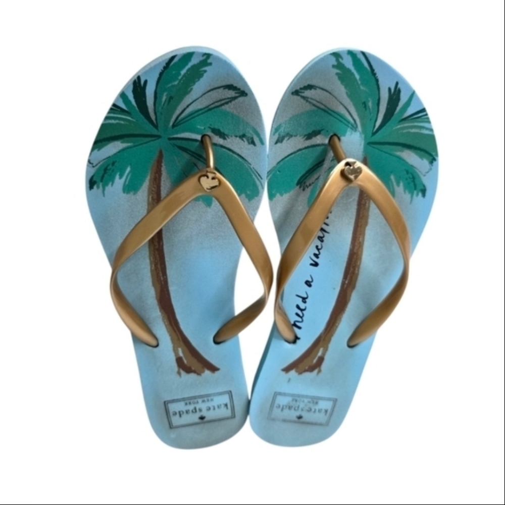 Kate Spade Nassau Flip Flop Sandals Size 8M Palm Tree Thong Flat Blue Gold *